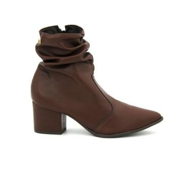 Imagem de Bota Via Uno Original 828028 Cano Curto Salto Alto Grosso Plissada Fem