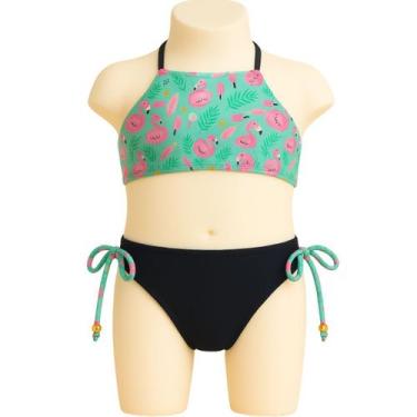 Imagem de Biquíni Infantil Flamingo Verde com Preto Halter e Laços - anjo da mam