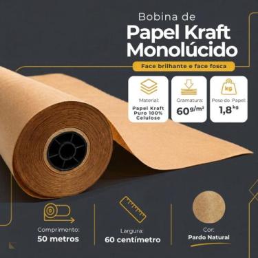 Imagem de Papel Kraft Pardo 60g Puro - 60cm De Largura x 50 Metros Monolúcido - 