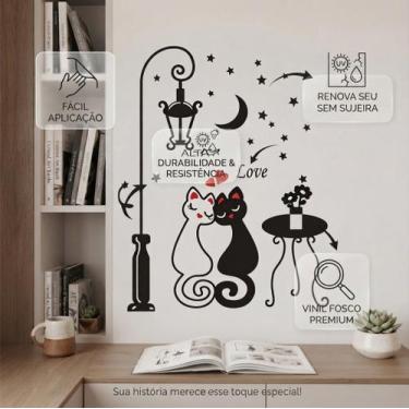 Imagem de Kit Adesivo de Parede Casal Gatos com Lua Estrelas e Mesinha - Kit Ade