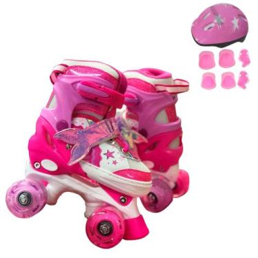 Imagem de Patins Infantil 4 Rodas ARCO IRIS Com Led Com Kit Proteção Menina Meni
