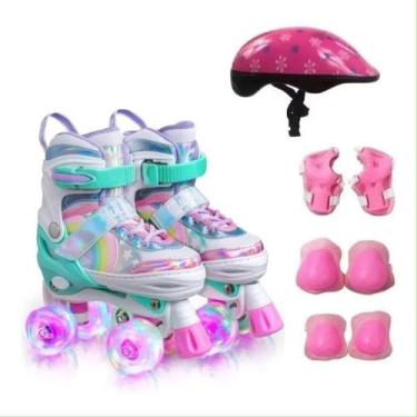 Imagem de Patins Infantil 4 Rodas ARCO IRIS Com Led Com Kit Proteção Menina Meni