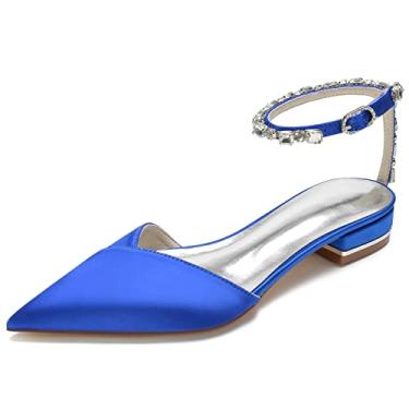 Imagem de Sandálias femininas de cetim com tira no tornozelo sem pedrarias de strass conforto salto baixo D Orsay, Azul, 8.5