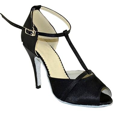Imagem de Sapato feminino de dança profissional salto salsa latino bico peep-toe gatinha, Preto, 9.5