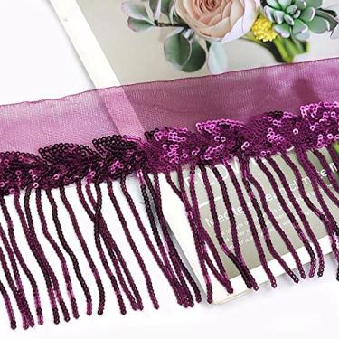 Imagem de 2/4 jardas 10 cm paillette lantejoulas borla renda franja guarnição tecido de malha DIY desempenho saia vestido de noiva decoração material de costura, roxo escuro, 2 jardas