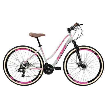 Imagem de Bicicleta KSW Sunny Feminina em Aluminio Aro 29 Rebaixada Retro 21 Marcha Relação 3x7com Freio a Disco e Suspensão de 80mm,17,Branco Rosa