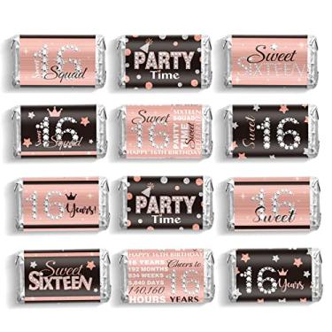 Imagem de Sweet 16 Mini Candy Bar Wrappers Miniaturas Aniversário Doces Favor Adesivos Dezesseis Barras de Chocolates Adesivos para Meninas de 16 anos Adesivos, 90 Peças (Rosa Preta)
