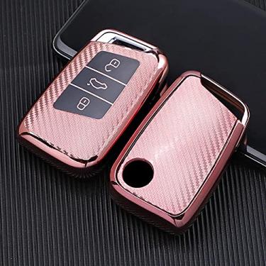 Imagem de YJADHU TPU masculino feminino chaveiro capa de chave de carro, apto para Volkswagen VW Tiguan MK2 Magotan Passat B8 CC Skoda Superb A7, rosa