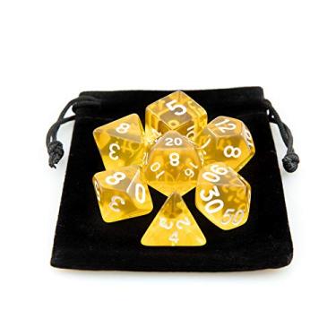 Imagem de Kit 7 Dados RPG de Mesa D&D Acrílico Translúcido D4 D6 D8 D10 D10% D12 D20 Cor AMARELO + 1 Bolsa