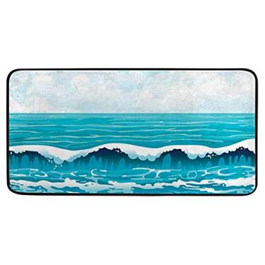 Imagem de Tapete de cozinha absorvente confortável tapete de areia de praia em um céu azul, nuvens brancas, tapete macio para corredor, banheiro, quarto, 99 x 50 cm