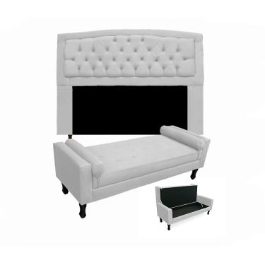 Imagem de Conjunto Cabeceira Geovana + Calçadeira Fênix Queen 160cm Suede Branco - LM DECOR