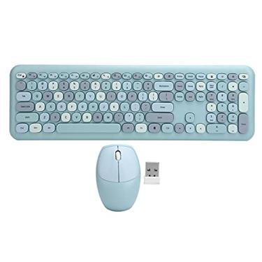 Imagem de Teclado sem fio e combinação de mouse, conjunto de mouse teclado colorido fino 2.4G, teclado de máquina de escrever retro redondo bonito de 110 teclas para Windows, computador, PC(Azul)