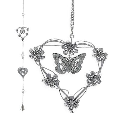 Imagem de BANBERRY DESIGNS Garden Chime Decor - Butterfly and Heart with Bell Mobile Decoration - Ideal Patio Gift - Metal Silver Hearts, Butterflies and Flowers - 40" H