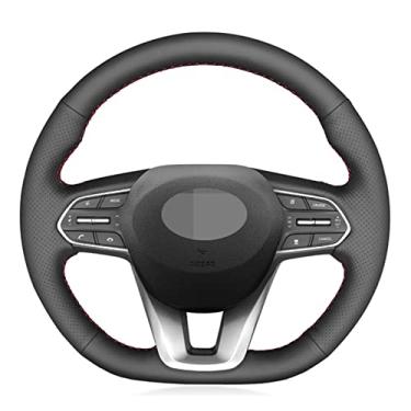 Imagem de Capas de volante de carro de couro preto costuradas à mão, para Hyundai Santa Fe 2019