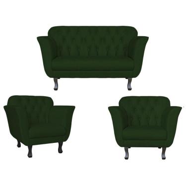Imagem de Kit Namoradeira + 2 Poltronas Decorativa Dália Suede Verde Pés Madeira Ms Decor