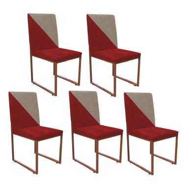 Imagem de Kit 05 Cadeira Stan Duo Sala De Jantar Ferro Bronze Sintético Vermelho E Bege - Amey Decor