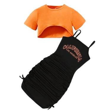 Imagem de WDIRARA Camiseta feminina gola redonda e bainha de manga curta e estampa de tinta salpicada, Preto e laranja, 9 Anos