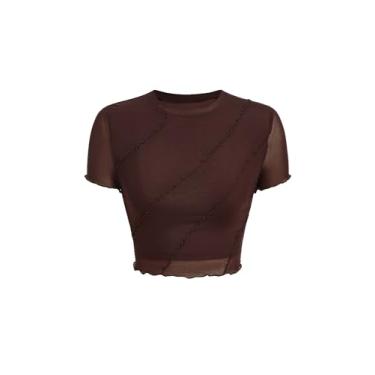 Imagem de Verdusa Camiseta feminina com acabamento de alface de malha contrastante gola redonda manga curta top curto, Marrom chocolate, M