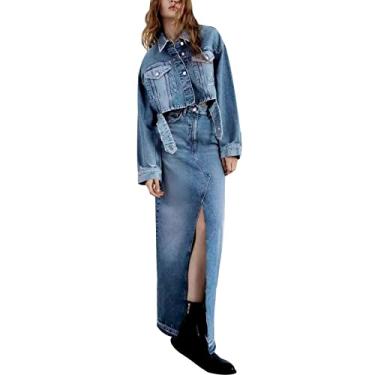 Imagem de UIFLQXX Nova saia jeans feminina slim fit cintura alta fenda saia midi de malha, Azul, PP