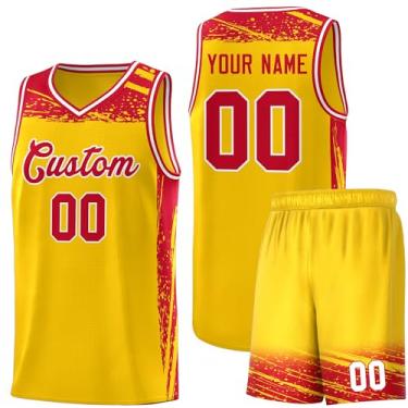 Imagem de Camisa masculina personalizada de basquete juvenil uniforme de treino uniforme impresso personalizado nome do time logotipo número, Amarelo e vermelho - 15, One Size