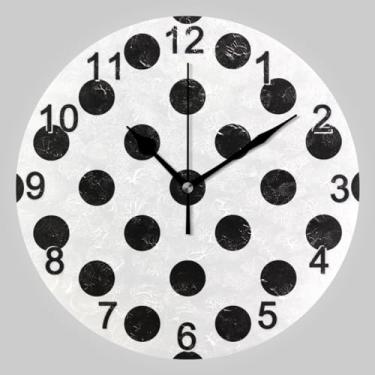 Imagem de CHIFIGNO Relógio de parede redondo preto branco com bolinhas, relógio redondo de 25 cm, relógio de parede operado por bateria para quarto, sala de estar