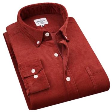 Imagem de BoShiNuo Camisa masculina de veludo cotelê de algodão quente outono inverno manga comprida camisa casual inteligente para homens confortáveis, Vermelho escuro, 3G