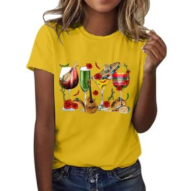 Imagem de Camisetas femininas 2024 Cinco de Mayo com estampa de taça de vinho mexicana Fiesta Mexicana Camisetas casuais de verão soltas e confortáveis, Amarelo, M