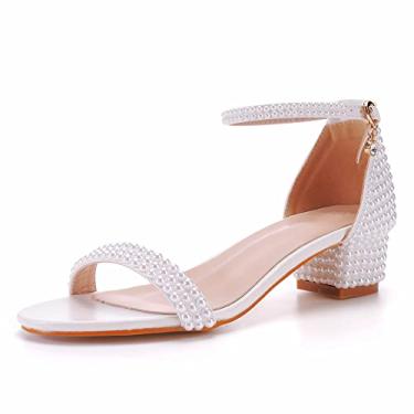 Imagem de Sandálias femininas de salto bloco de pérolas de 7,95 cm Peep Toe Strass, salto grosso, sapatos de salto grosso para noivas, festas de casamento, vestido de noite, Branco, 4,5 cm (1,8"), 7