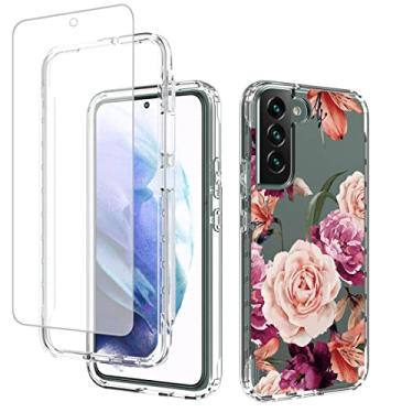 Imagem de Ueokeird Capa para Galaxy S22+/S22 Plus 5G SM-S906U com protetor de tela de vidro temperado, estampa floral transparente, capa protetora de corpo inteiro para Samsung Galaxy S22 Plus (flor roxa)