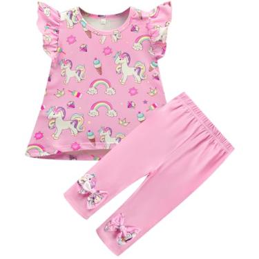 Imagem de Popshion Roupas de verão para bebês meninas 2 peças camiseta de manga esvoaçante calça legging capri cropped conjunto de roupas infantis 2-10t, Rosa / unicórnio novo, 2 Anos