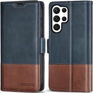 Imagem de KEZiHOME Capa para Galaxy S23 Ultra, de couro genuíno [bloqueio RFID] Capa carteira com suporte para cartão e capa protetora resistente para Samsung Galaxy S23 Ultra 5G (azul marinho/marrom)