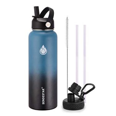Imagem de Garrafa de água Sendestar de aço inoxidável - 305 ml, 60 ml, 106 ml ou 118 ml com tampa de canudo nova ou tampa de bico mantém líquidos quentes ou frios com parede dupla de vidro isolado à prova de suor design esportivo, XIN-DBK-32OZ, 32 oz-Deep Blue& Black, 32 oz