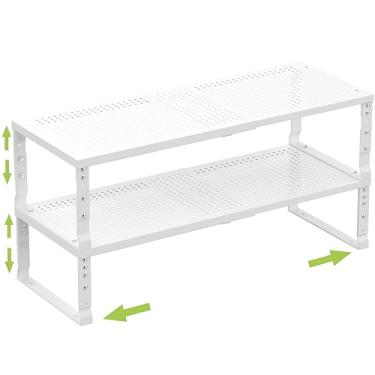 Imagem de Jojocross Organizador de prateleira expansível para cozinha, empilhável, ajustável, despensa, banheiro, bancada, mesa (2 pacotes/branco/médio - com furo)