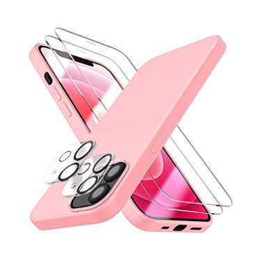 Imagem de Dssairo [5 em 1 para iPhone 12 Mini capa 5.4, com 2 pacotes de protetor de tela + 2 pacotes de protetor de lente de câmera, capa protetora fina de silicone líquido à prova de choque [forro de microfibra] (rosa)