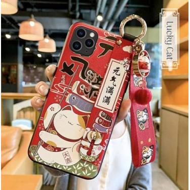 Imagem de Capa compatível com iPhone 12 Mini com cordão de telefone, design fofo de gato da sorte japonês de 5,4 polegadas, capa de silicone macio de luxo com glitter em relevo 3D para iPhone 12 Mini com alça de pulso (iPhone 12 Mini, vermelho)