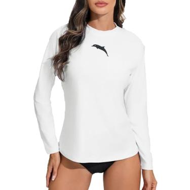Imagem de Halcurt Camiseta feminina de manga comprida Rash Guard Top UPF50+ com proteção solar UV, roupa de banho de secagem rápida, Branco, M
