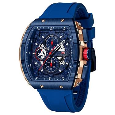 Imagem de MF MINI FOCUS Relógio masculino moderno Tonneau relógio de pulso (cronógrafo/à prova d'água/luminoso/calendário) relógio de quartzo com pulseira de silicone para homens, Azul_dourado, Cronógrafo,