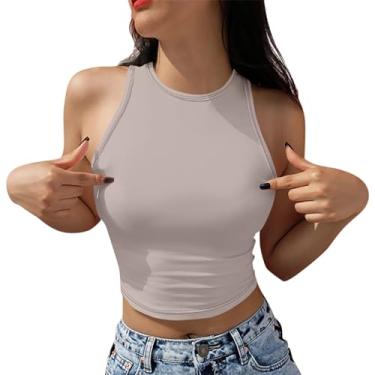 Imagem de PKDong Halter Tops para mulheres, sexy, sem mangas, gola única, colete de treino, camiseta de verão, regata cropped, Bege, G