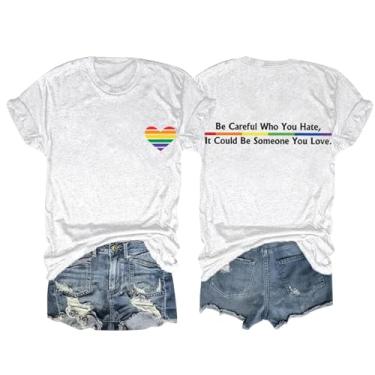 Imagem de Camiseta feminina orgulho gay coração arco-íris letras inspiradoras túnica gráfica igualdade verão blusa casual 2024, Branco, Large