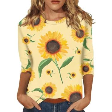 Imagem de Camiseta feminina casual com estampa floral de girassol manga três quartos bolso de trabalho, Preto, XXG