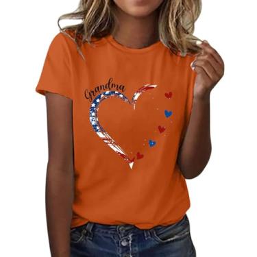 Imagem de Camiseta feminina 4 de julho com estampa de coração bandeira americana manga curta patriótica moda verão 2024, Laranja, M