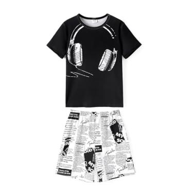 Imagem de PATPAT Conjunto de roupa de verão para meninos, conjunto de 2 peças, camiseta gráfica e shorts de manga curta, Preto (City Black), 11-12 Anos