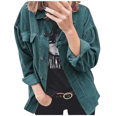 Imagem de Jaqueta feminina de veludo cotelê, casual, manga comprida, abotoada, folgada, leve, casaco com, Verde, GG