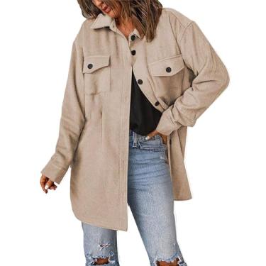 Imagem de Shacket Jaqueta feminina casual manga longa lapela abotoada outono 2023 casaco leve sólido, Bege, M