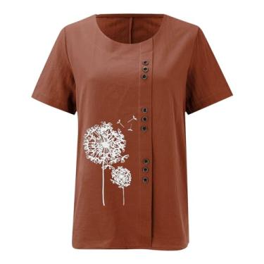 Imagem de Camisetas femininas de algodão e linho, botões, manga curta, para escritório, gola redonda, casual, camisetas de praia folgadas, Marrom, 3G
