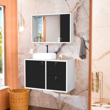 Imagem de Conjunto Gabinete para Banheiro com Cuba de Sobrepor, Tampo de Vidro e Espelheira Toro 80 Vd Branco/Preto Fosco