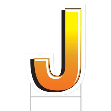 Imagem de Beistle Placa de plástico com letra J e estacas de metal - decoração de festa de feliz aniversário ao ar livre, 45,72 cm x 29,80 cm, amarelo/laranja/branco/preto