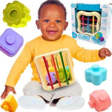 Imagem de Kit brinquedos educativos bebê 1 ano Cubo sensorial de atividades didático + chocalhos formas geométricas monta e desmonta para bebes 12 meses presente menino menina criança brinquedo com selo inmetro