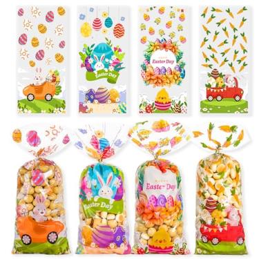 Imagem de 100 peças de sacos de doces de Páscoa, sacos de guloseimas de celofane de páscoa, ovos de páscoa, coelhinho, bolachas, sacos de plástico OPP com laços torcidos para decoração de Páscoa, lembrancinhas