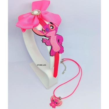Imagem de Kit Tiara Arquinho com Laço Acessório de Cabelo Moda Infantil Crianças + Colar Desenho animado Lilo angel Stitch